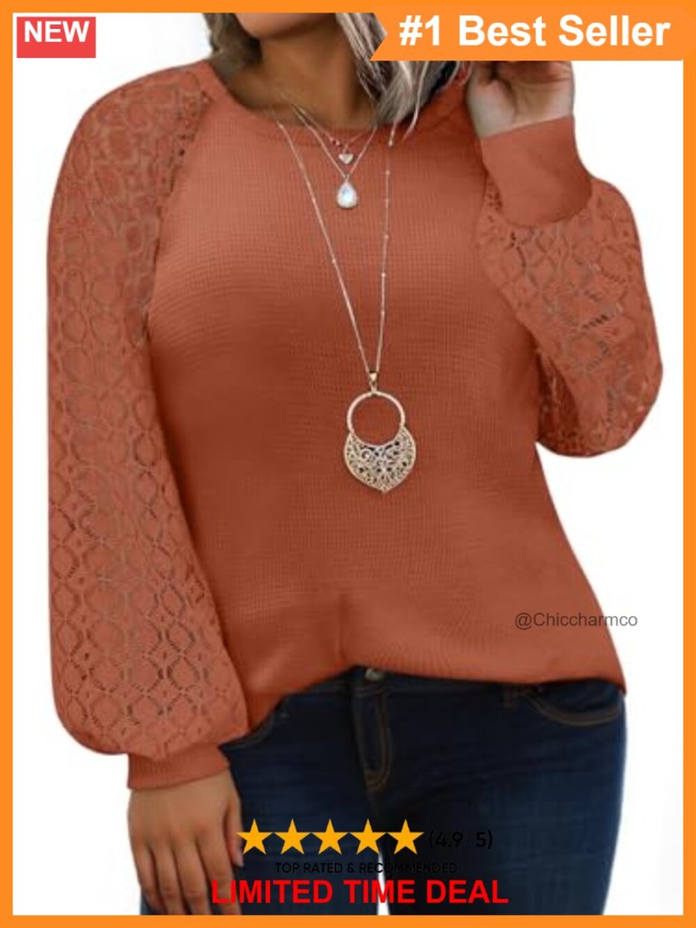 Plus Size Waffle Knit Lace Long Sleeve Tunic Top Pullover Blouse